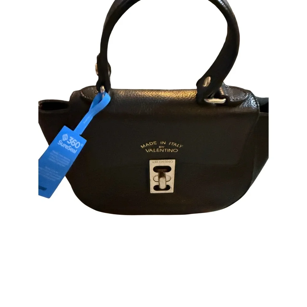 Mario Valentino Black Pebbled Leather Top Handle Bag Made in Italy Turn Lock - Picture 2 of 11